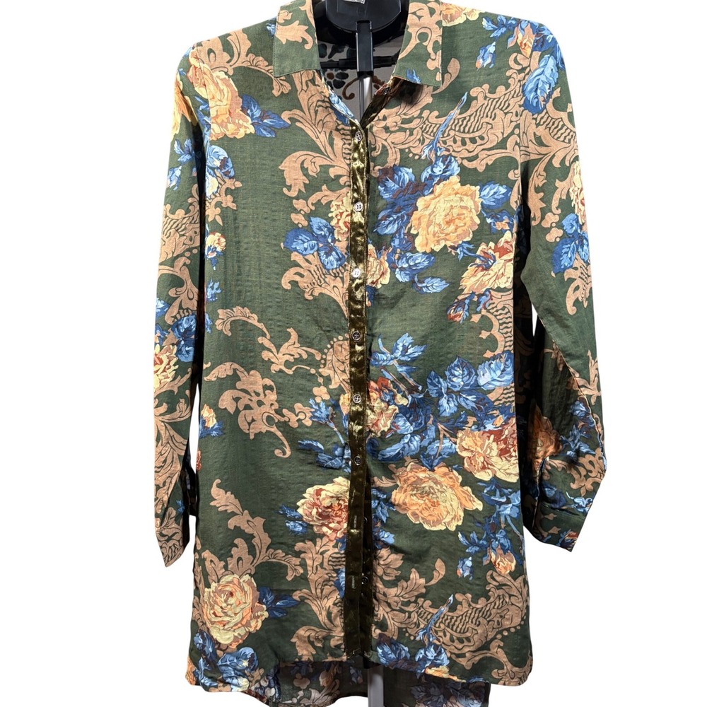 Oddi Boho Mixed Print Tunic Velvet Burnout Sheer Back Floral Blouse Women Medium